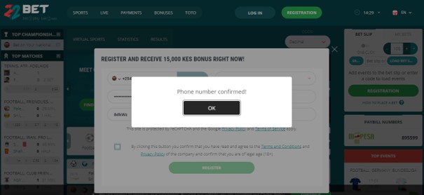 22bet phone number confirmation