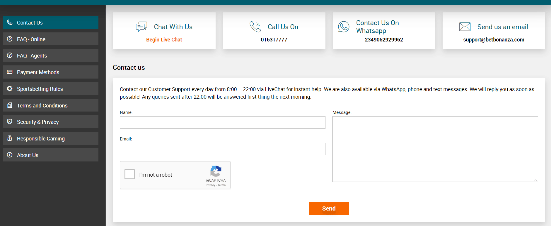 Betbonanza customer service contact information
