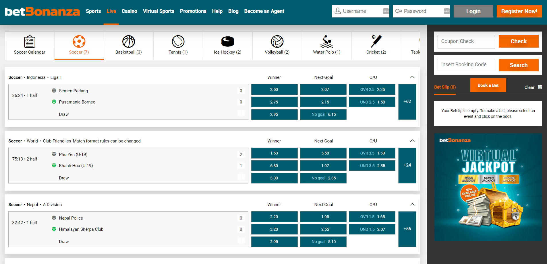 Betbonanza live in-play matches