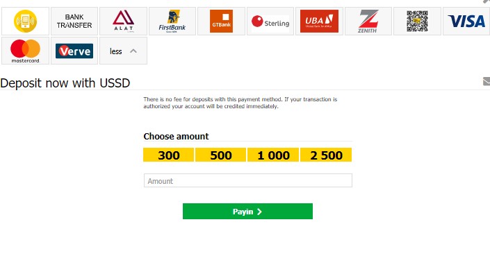 Deposit Now With USSD Choose Amount