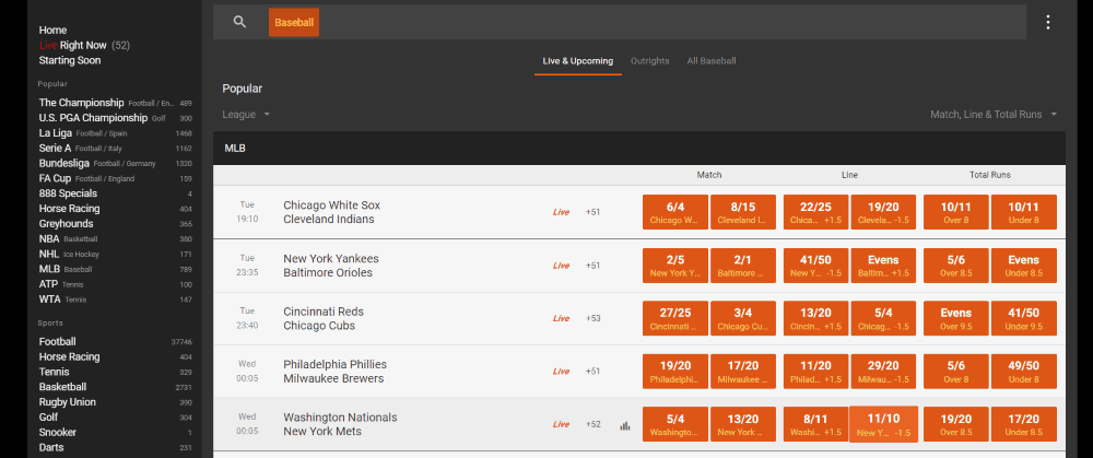 888 baseball sports betting