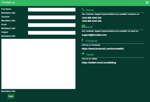 LionsBet support form