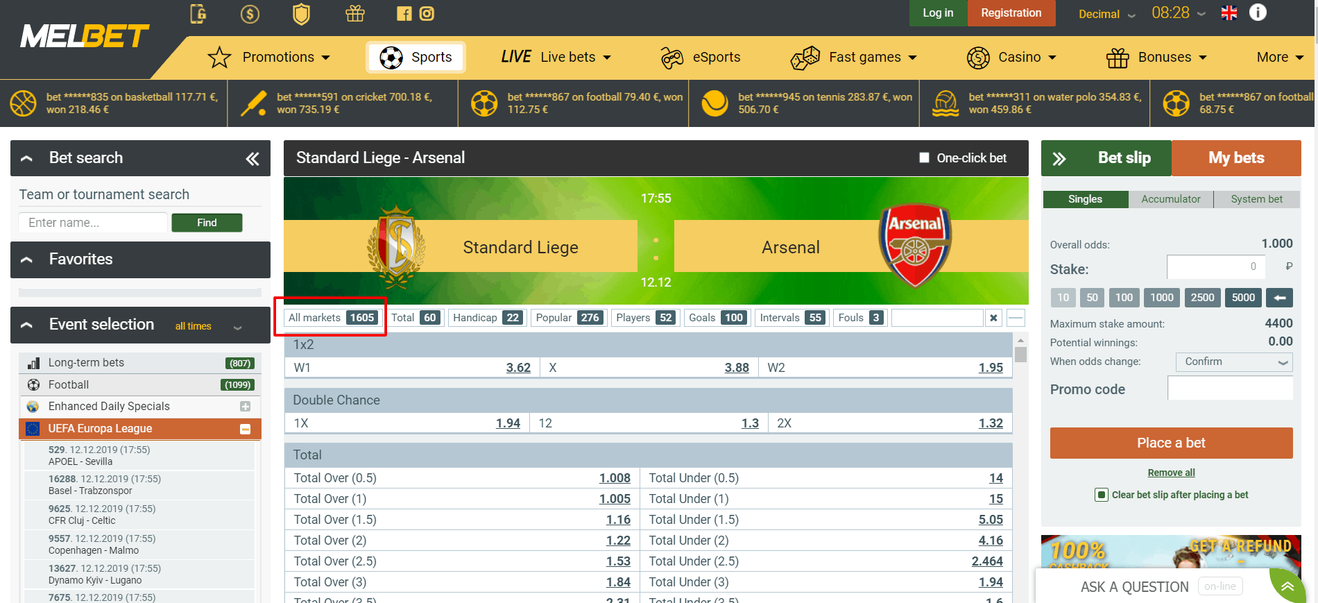 Screenshot of melbet sportbook offering