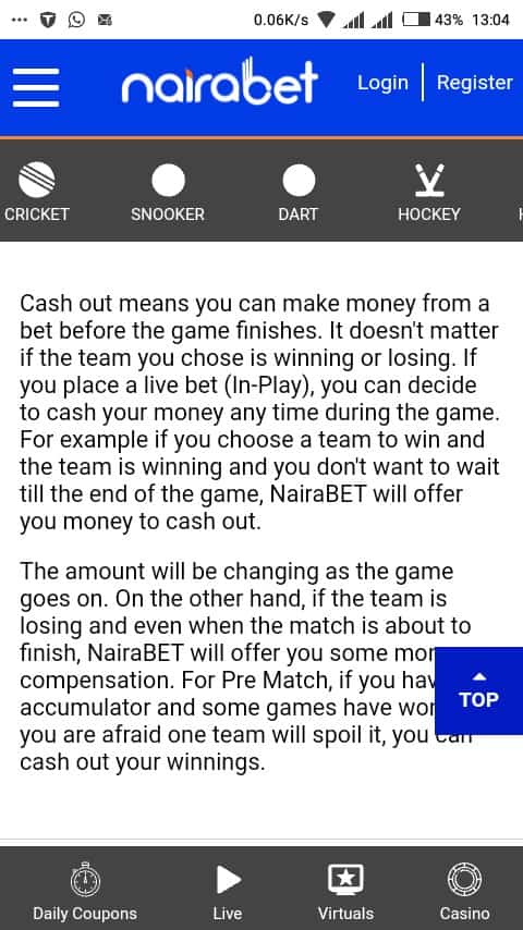 Nairabet cashout option mobile view