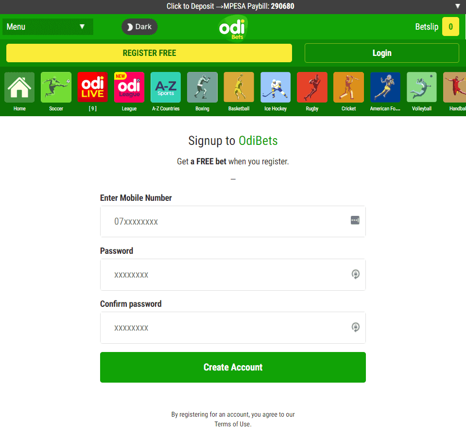register an account at odibets