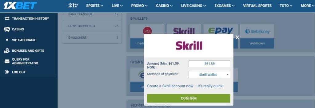 Skrill pop-up window on 1xBET showing a deposit amount of 861.59 NGN