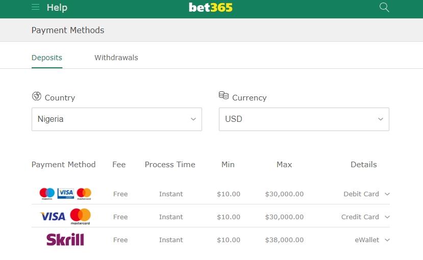 Payment methods page on bet365 showing VISA options and Skrill 