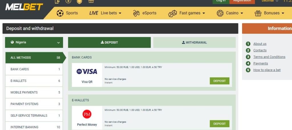 Payment methods on MELbet