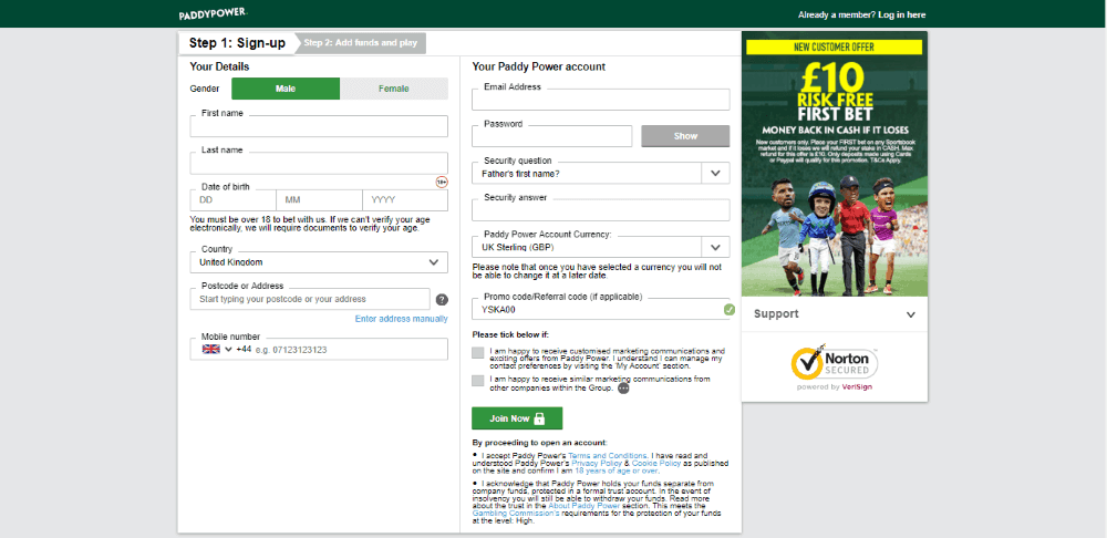 Paddy Power registration form