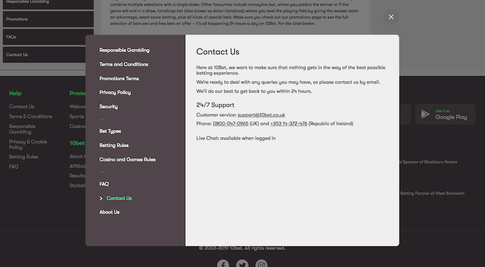 10Bet customer support