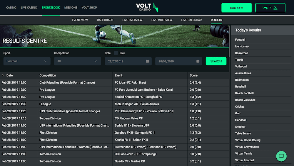 Volt Sports betting selection