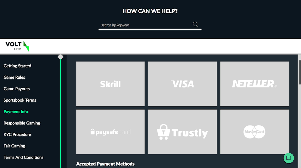 Volt Sports payment methods