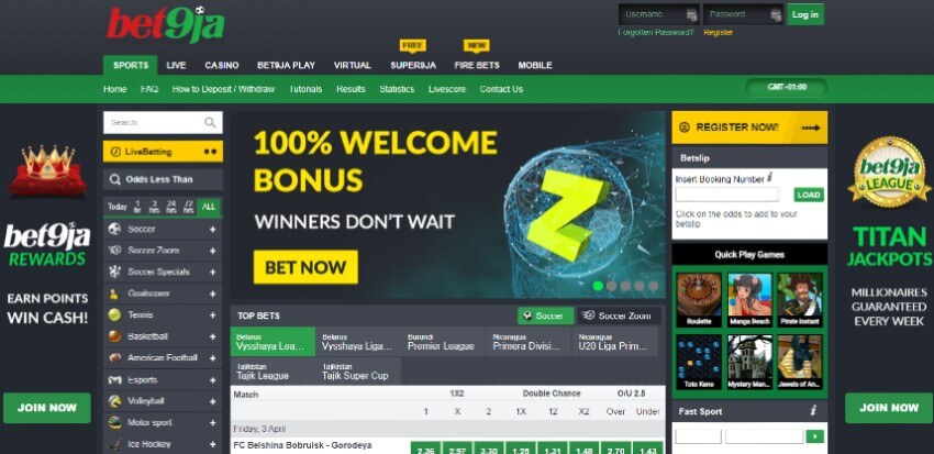 Homepage at Bet9ja Nigeria Betting