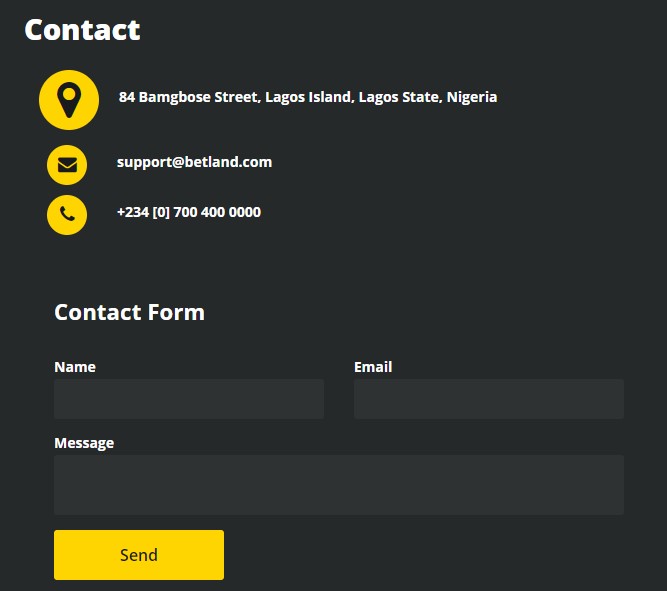 screenshot of betland contact support form