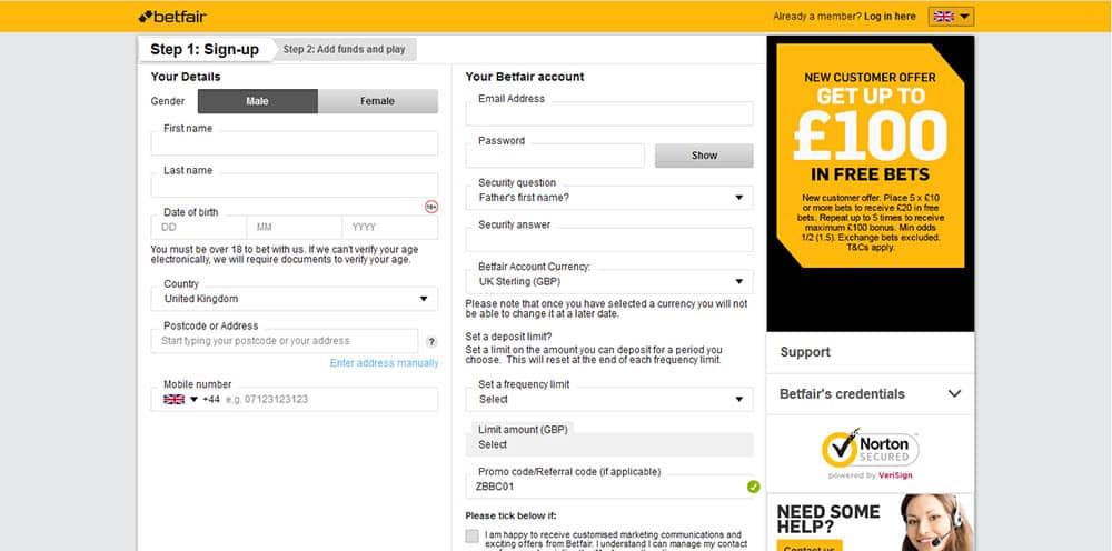 Sign Up Form - Betfair Sport Review