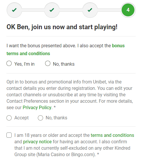 Unibet Registration Form Step 4