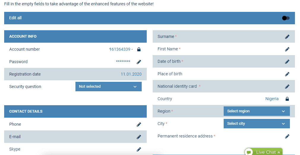 My Account Information Overview - 1xBet Sports Betting