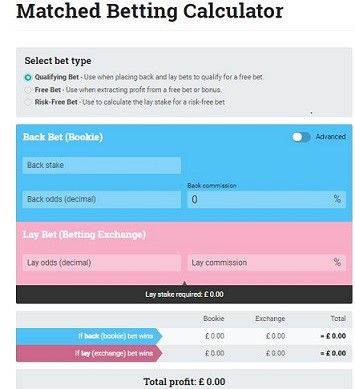 matched betting calculator - select bet type (betting sign up offers)