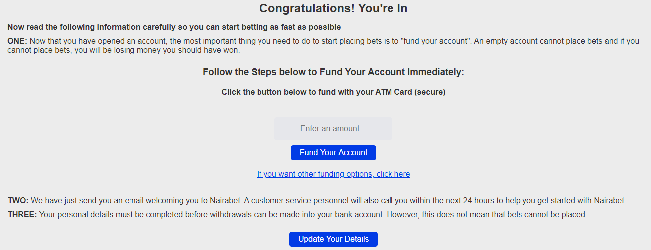 NairaBet deposit page after registration completion