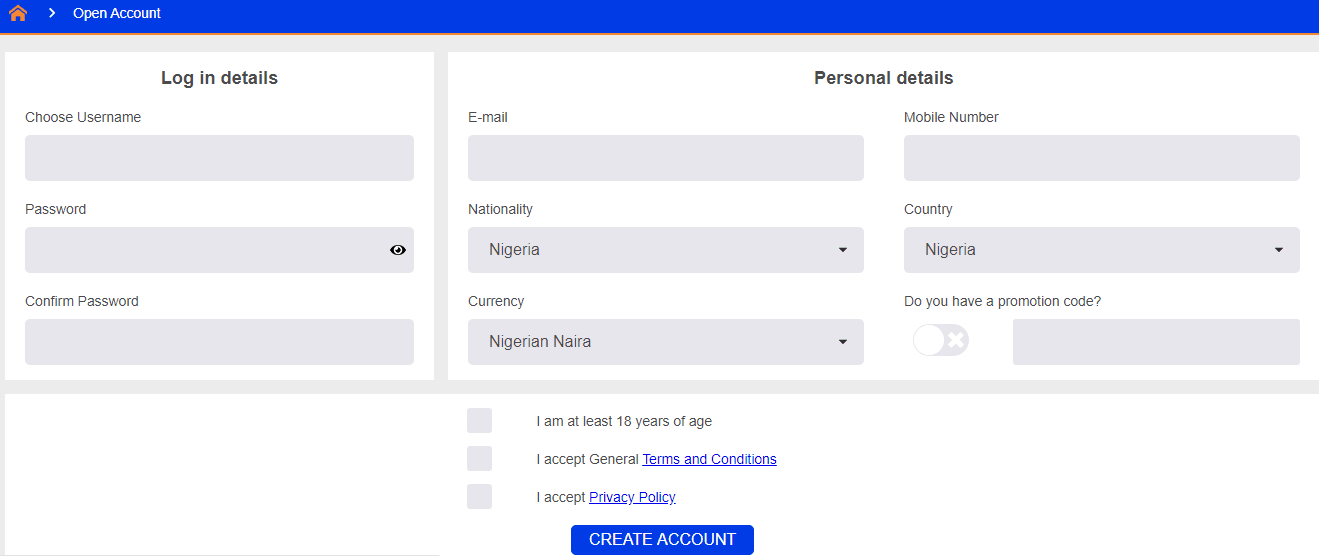 NairaBet Registration form